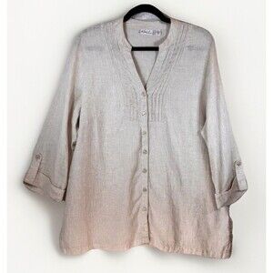Kim Rogers Shirt Women XL Linen Button-Up Roll‎ Tab Sleeve Beachy Coastal